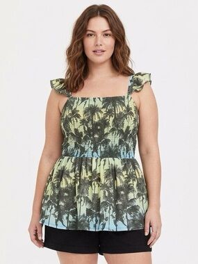 Lane Bryant Green Palm-Print Smocked Sundress